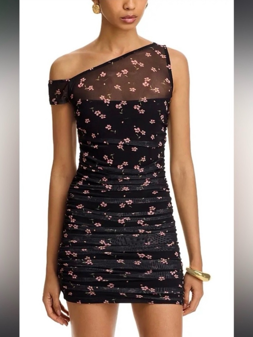 REVOLVE AFRM One-Shoulder Black Mini Dress with Pink Floral Print NWT